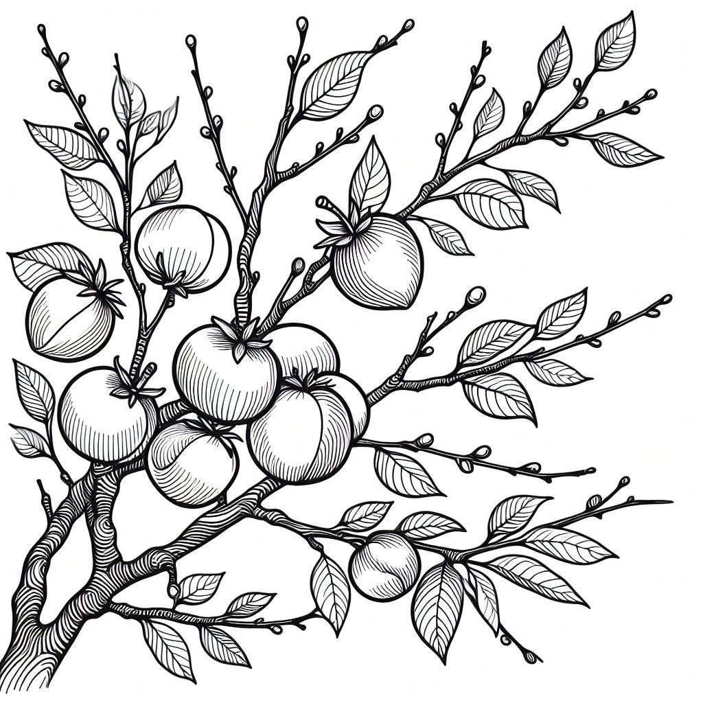 A drawing of a branch with apples on it