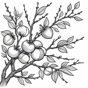 A drawing of a branch with apples on it