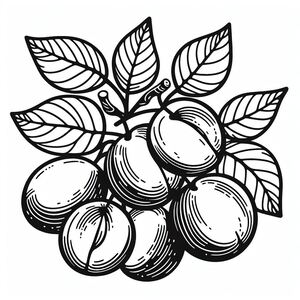 A black and white drawing of a bunch of fruit