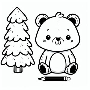 A black and white drawing of a teddy bear next to a tree