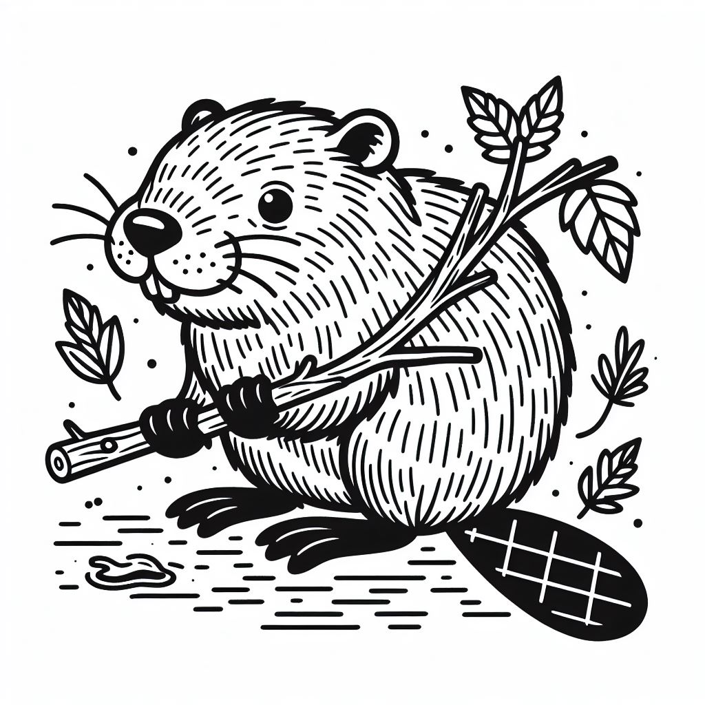 A black and white drawing of a beaver