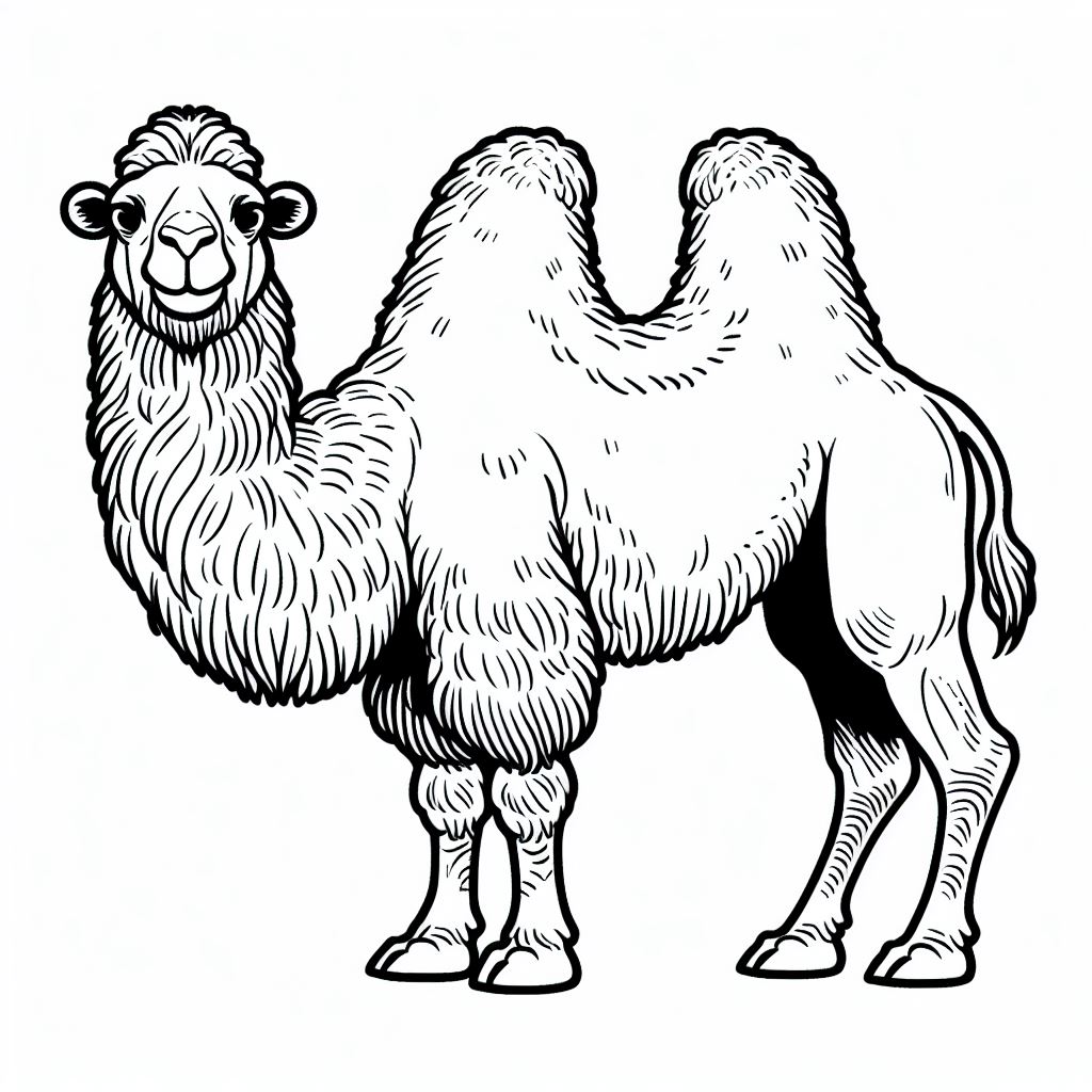 A black and white drawing of a camel