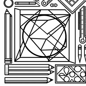 A black and white drawing of a diamond surrounded by pencils, scissors, and