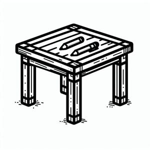 A black and white drawing of a wooden table