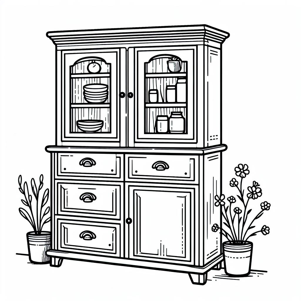 A black and white drawing of a china cabinet