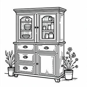 A black and white drawing of a china cabinet