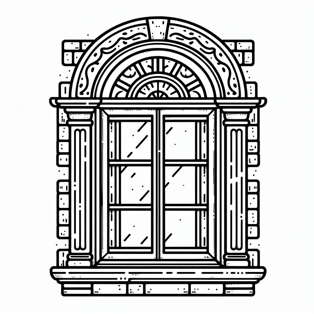 A black and white drawing of a window