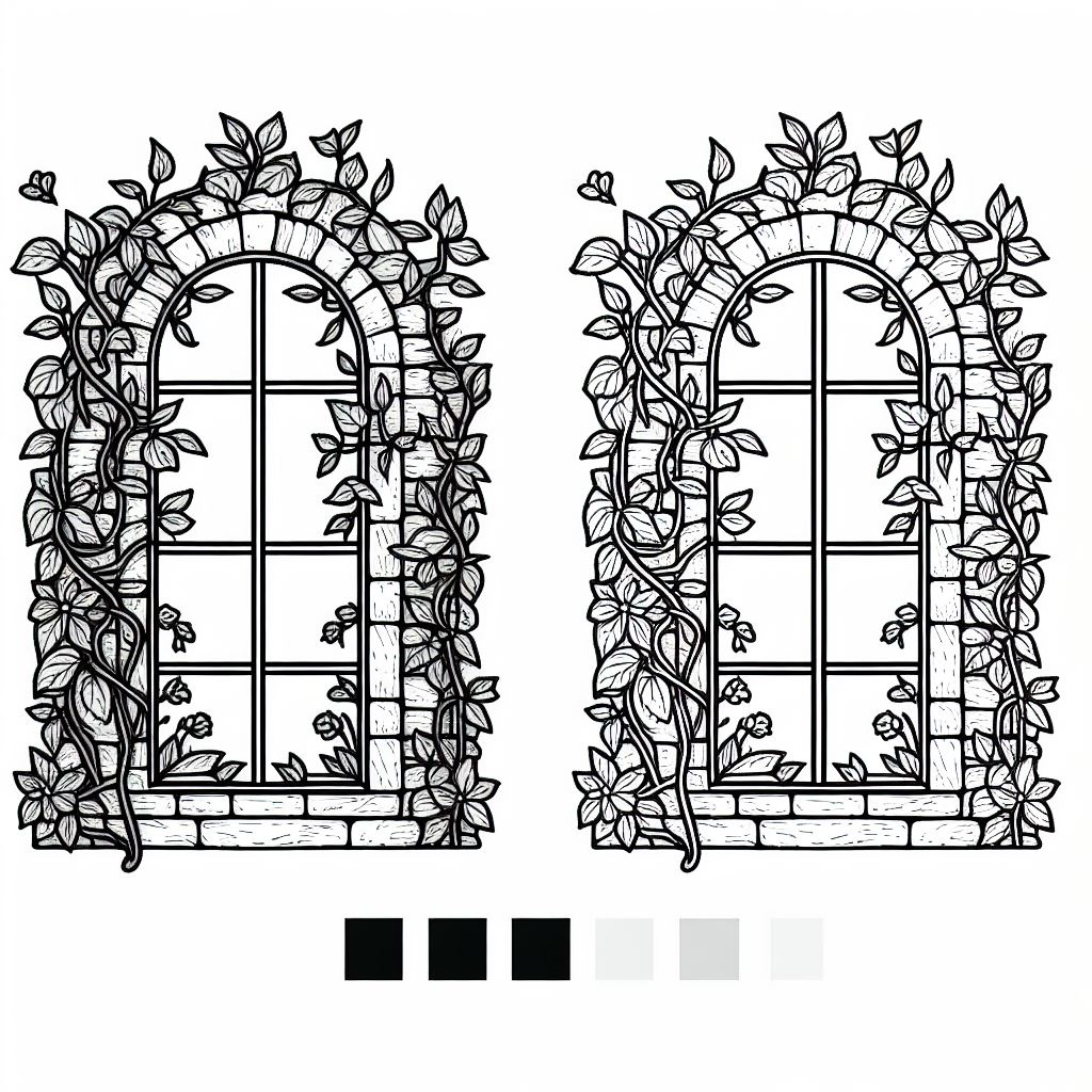 A drawing of a window with vines on it