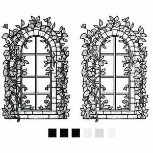 A drawing of a window with vines on it