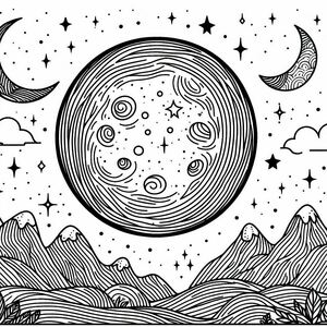 Một bản vẽ đen trắng của mặt trăng và núi