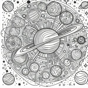 A coloring page with planets and stars