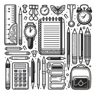 A black and white drawing of school supplies