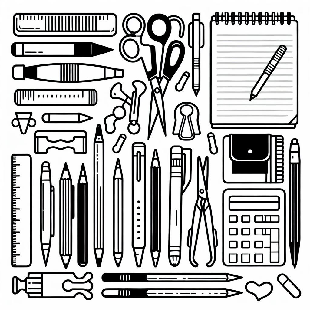 A black and white image of school supplies