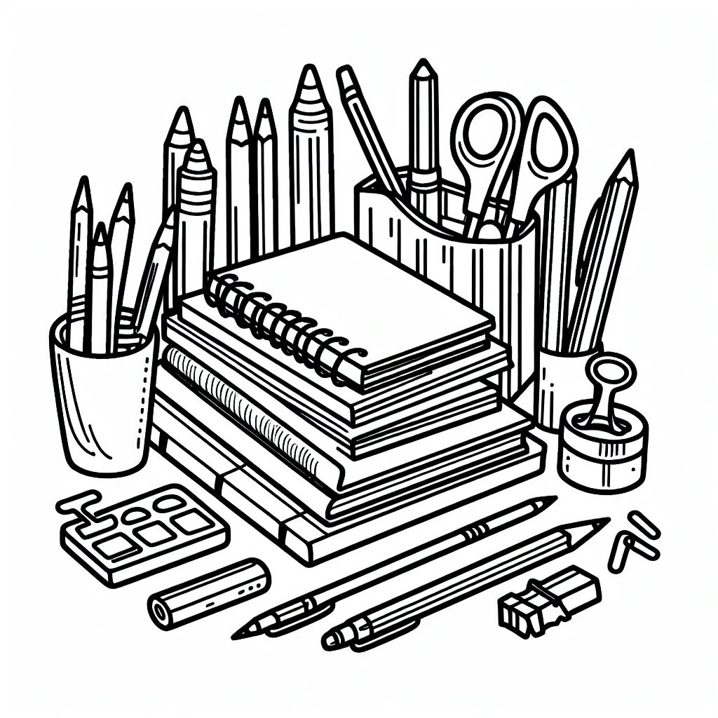 A black and white drawing of school supplies 4