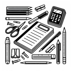 A black and white drawing of a school supplies