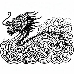 A black and white drawing of a dragon