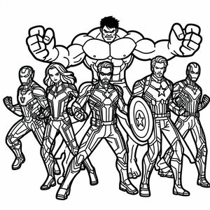 A line drawing of a group of superheros