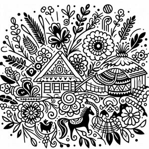 A black and white drawing of a house surrounded by flowers