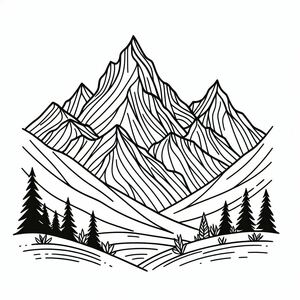 Một bản vẽ đen trắng của núi và cây 3