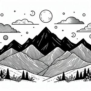 A black and white drawing of mountains and trees