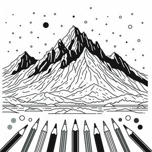 Một bản vẽ của một ngọn núi với bút chì ở phía trước nó