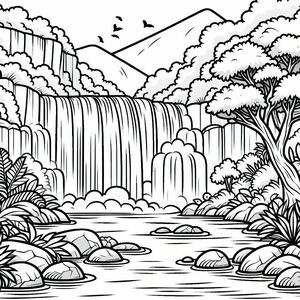 A black and white drawing of a waterfall 4