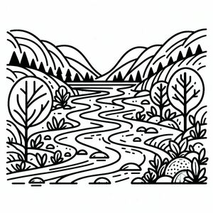 A black and white drawing of a landscape
