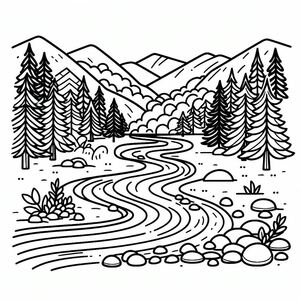 A black and white drawing of a mountain stream