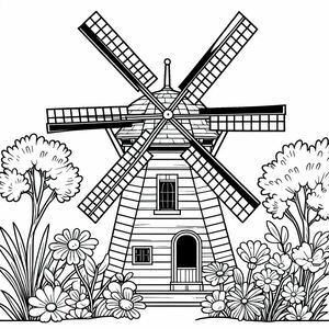 A black and white drawing of a windmill