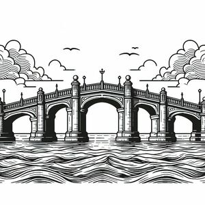A black and white drawing of a bridge over water