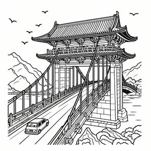 A black and white drawing of a bridge