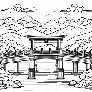 A drawing of a bridge with mountains in the background