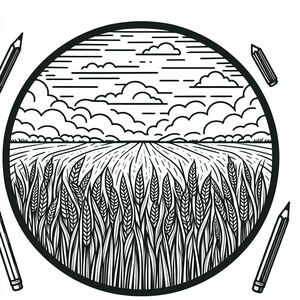 Một bản vẽ đen trắng của một cánh đồng lúa mì