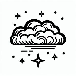 A black and white drawing of a cloud with stars