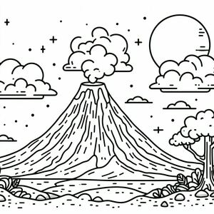 A black and white drawing of a volcano 3