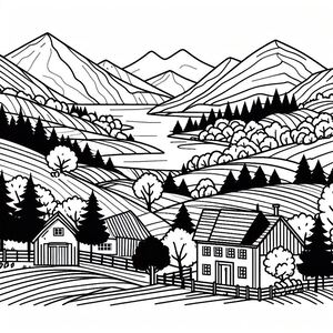 Một bản vẽ đen trắng của một phong cảnh núi non