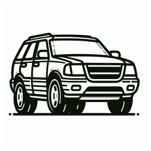 A black and white drawing of a suv