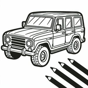 Một bản vẽ của một chiếc xe jeep với bút chì ở phía trước nó