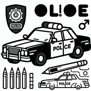 Một trang tô màu xe cảnh sát với bút chì màu và bút chì màu