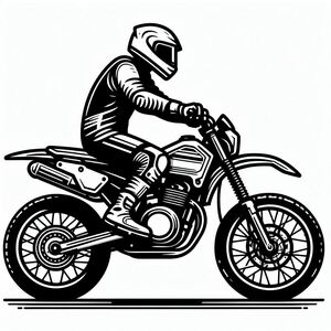 A black and white drawing of a person on a motorcycle