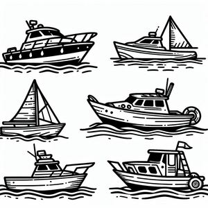 A black and white drawing of boats