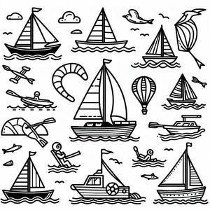 A black and white drawing of sailboats in the ocean