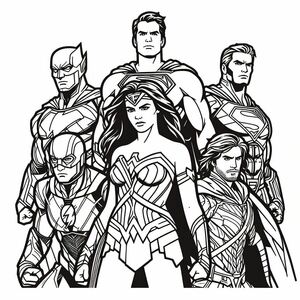 A black and white drawing of a group of superheros