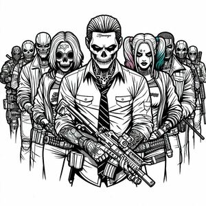 A black and white drawing of a group of people with guns