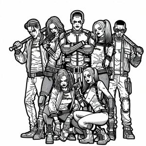 A black and white drawing of a group of people