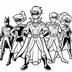 A black and white drawing of a group of superheros 4