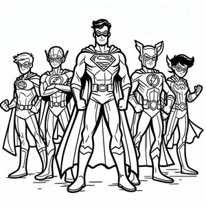 Một bức vẽ đen trắng của một nhóm siêu anh hùng