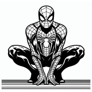 A black and white drawing of a spider man