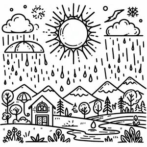 A black and white drawing of a sun and rain