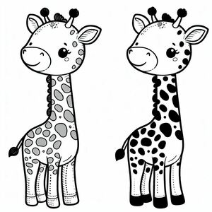 Two giraffes are standing side by side